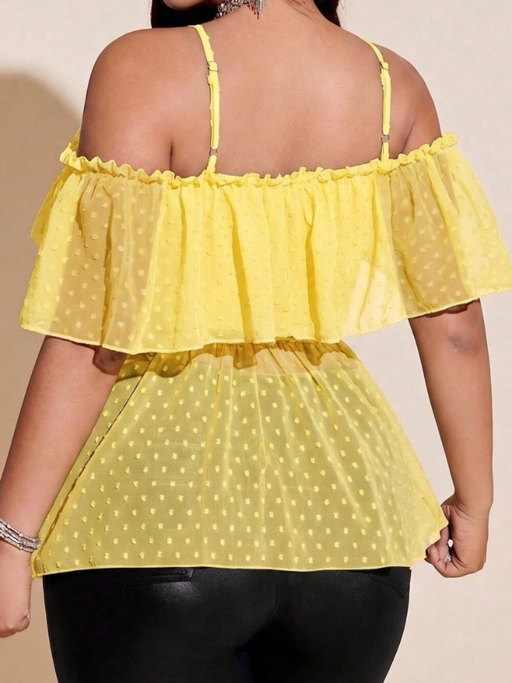 Light Yellow Casual Women's Plus Size Sexy Ruffle Trim Camisole Blouse - Picture 2 of 7